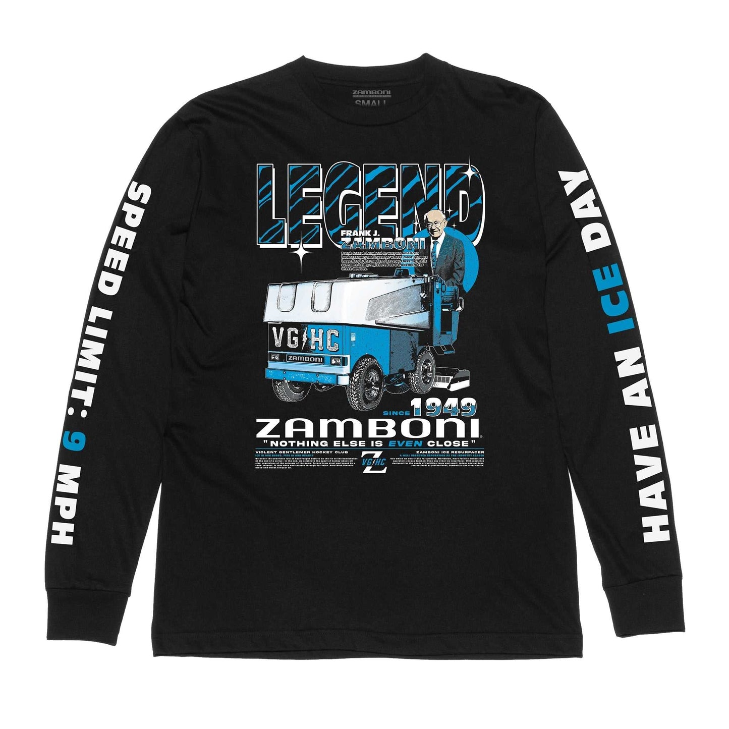 Black long sleeve tee with Frank J Zamboni graphic and "Speed Limit 9 MPH" and "Have an Ice Day" sleeve prints