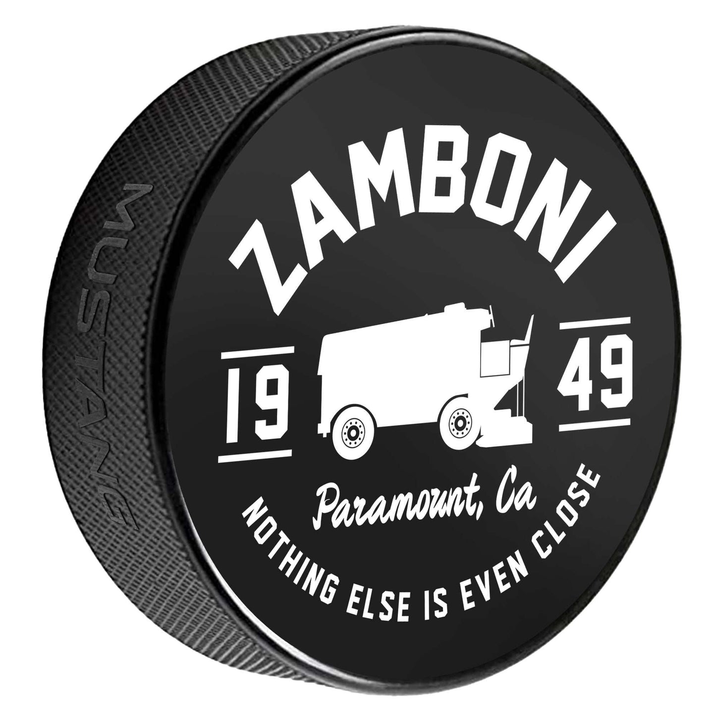 Zamboni limited-edition Paramount California hockey puck with iconic Zamboni silhouette and bold print