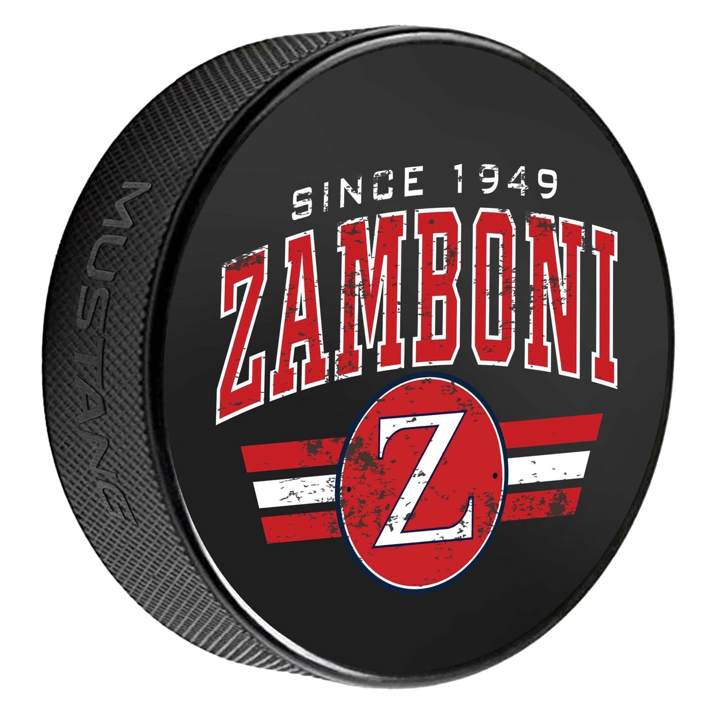 Zamboni distressed vintage style hockey puck with red Z logo and 1949 text