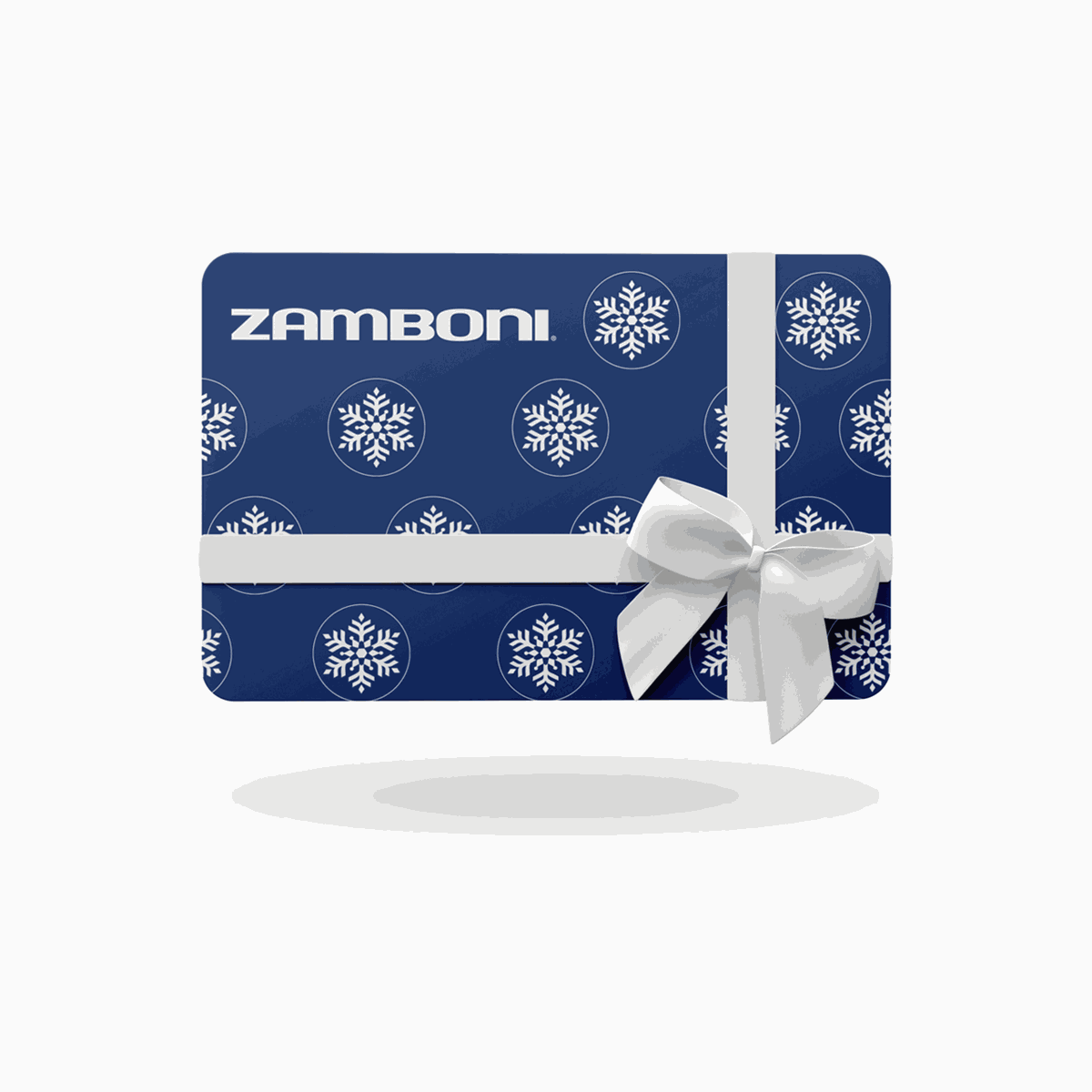 Zamboni E-Gift Card with snowflake design and silver bow on blue background