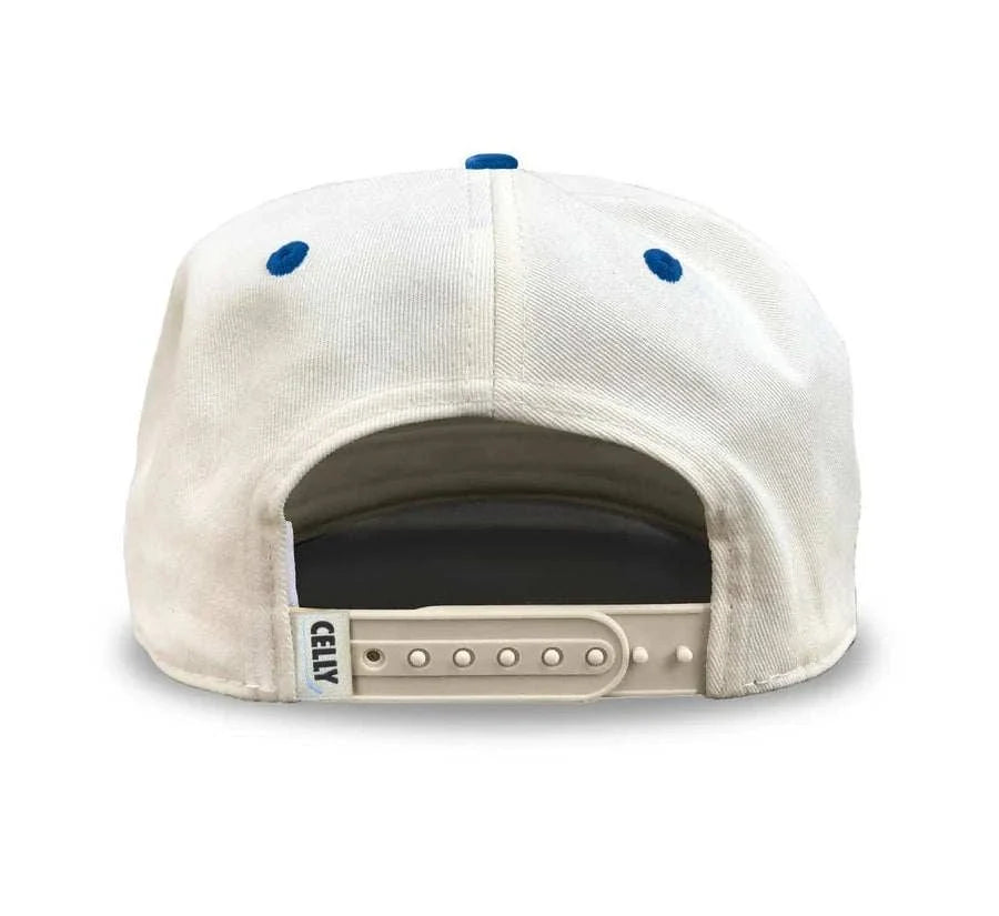 Adult Zamboni Ride-Along Costume snapback cap in cream cotton with blue eyelets and an adjustable snap closure.