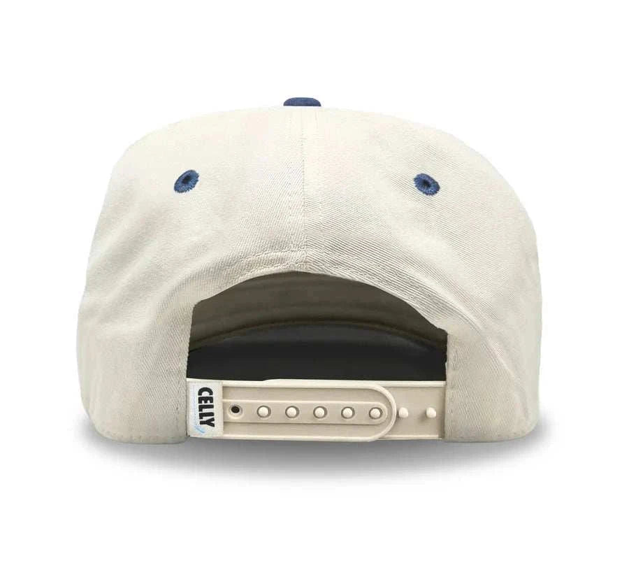 Cotton snapback cap in cream with a washed navy brim, adjustable white snap closure; Adult Zamboni Ride-Along Costume.