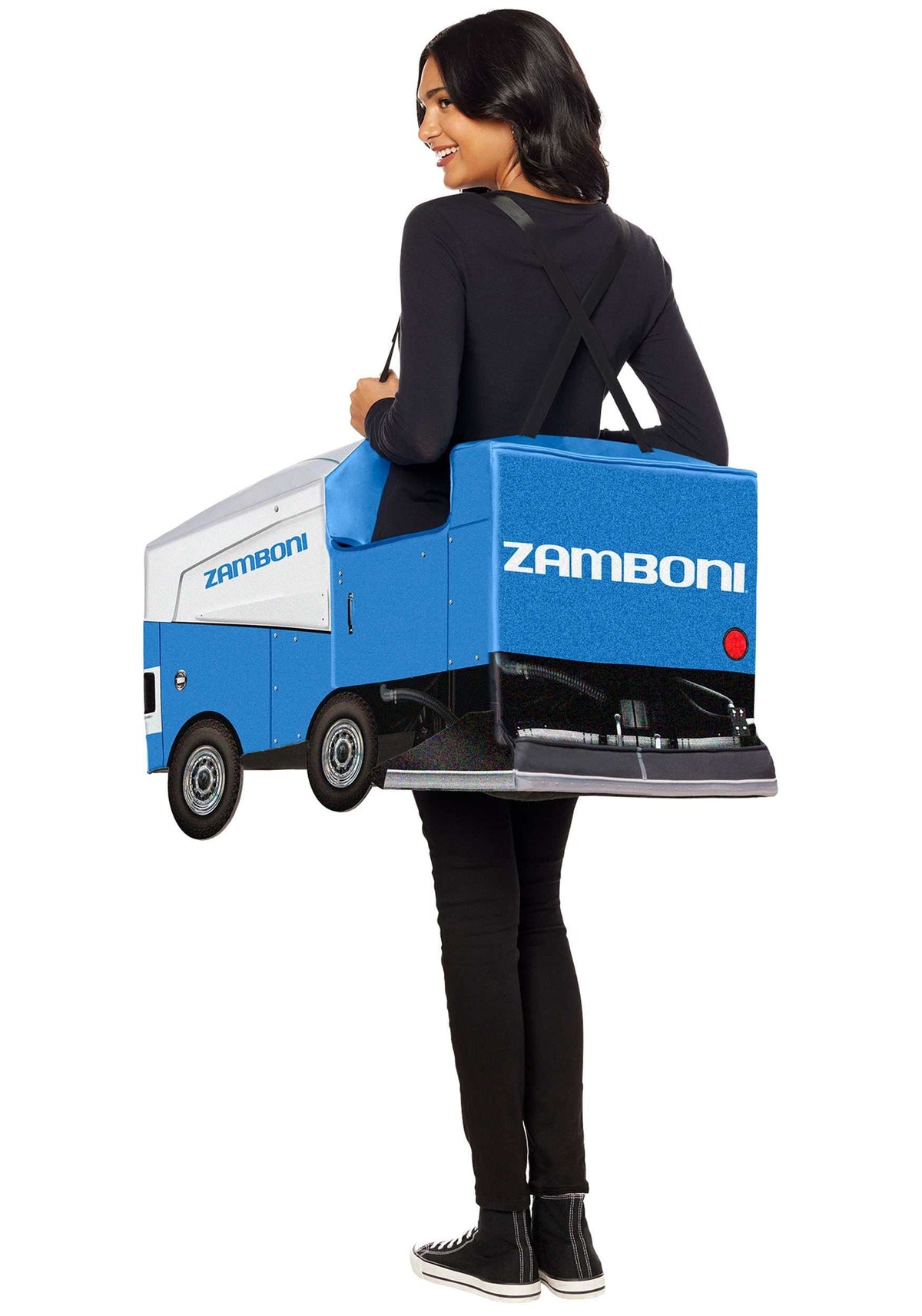 Adult Zamboni Ride-Along Costume with a blue and white vehicle design, black shoulder straps, wheels and Zamboni lettering.