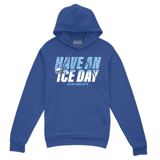 Hooded sweatshirt in royal blue with a kangaroo pocket and distressed white and light blue Have An Ice Day graphic.