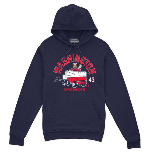 Tom Wilson Zamboni Driver navy hoodie with a front pocket and red, white, and blue Washington player graphic.
