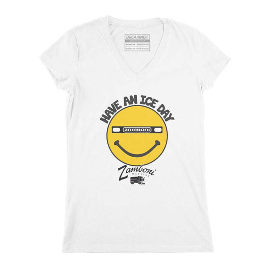White cotton V-neck T-shirt featuring a yellow smiley face Zamboni graphic and “Have An Ice Day” text.