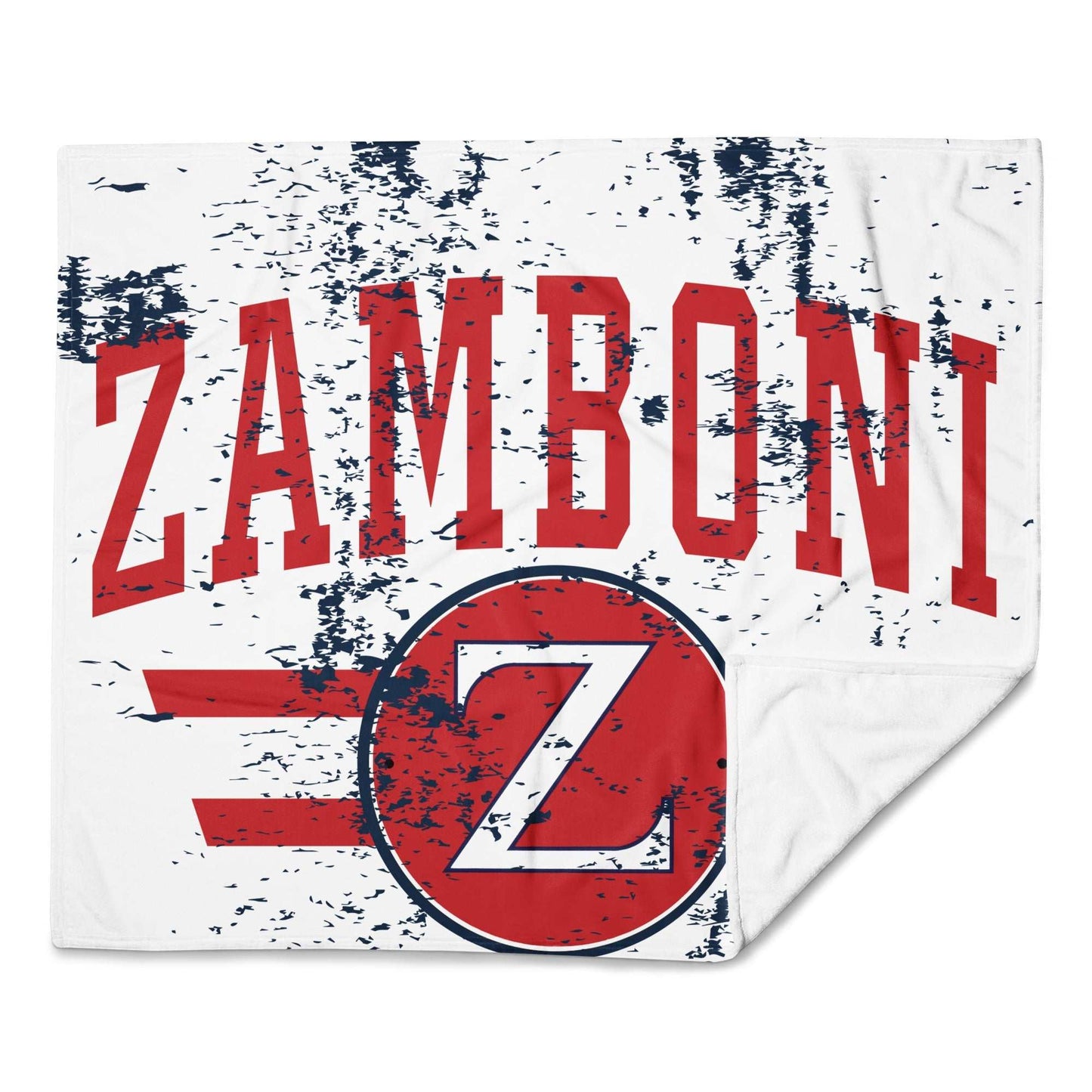 Zamboni distressed throw blanket with soft silk touch fabric and bold red graphic design on white background