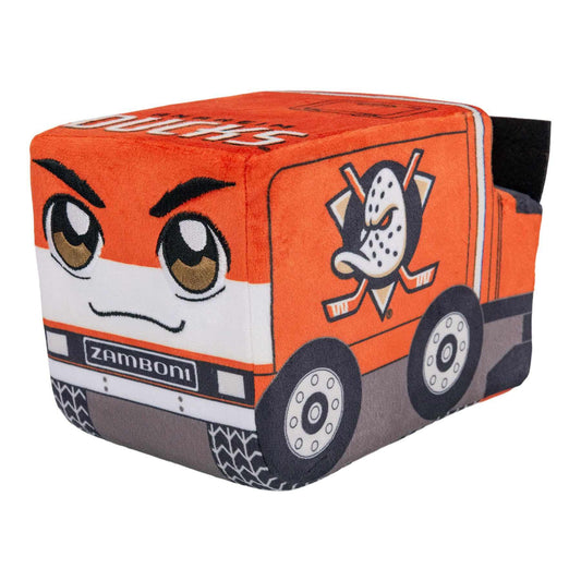 Zamboni plush in orange, white, and gray fabric with Anaheim Ducks graphics, cartoon eyes, and embroidered wheels; Adult Zamboni Ride-Along Costume.
