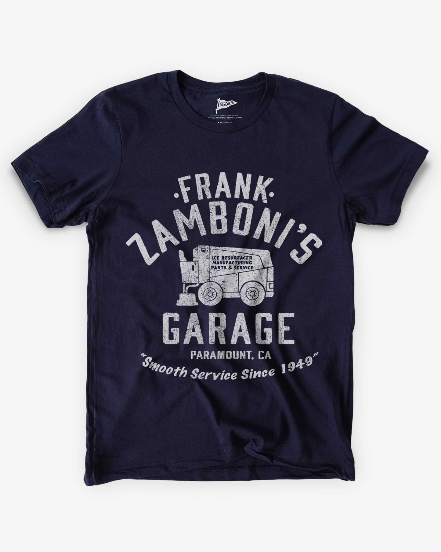 Navy Frank Zamboni's Garage T-shirt with distressed vintage Zamboni machine print