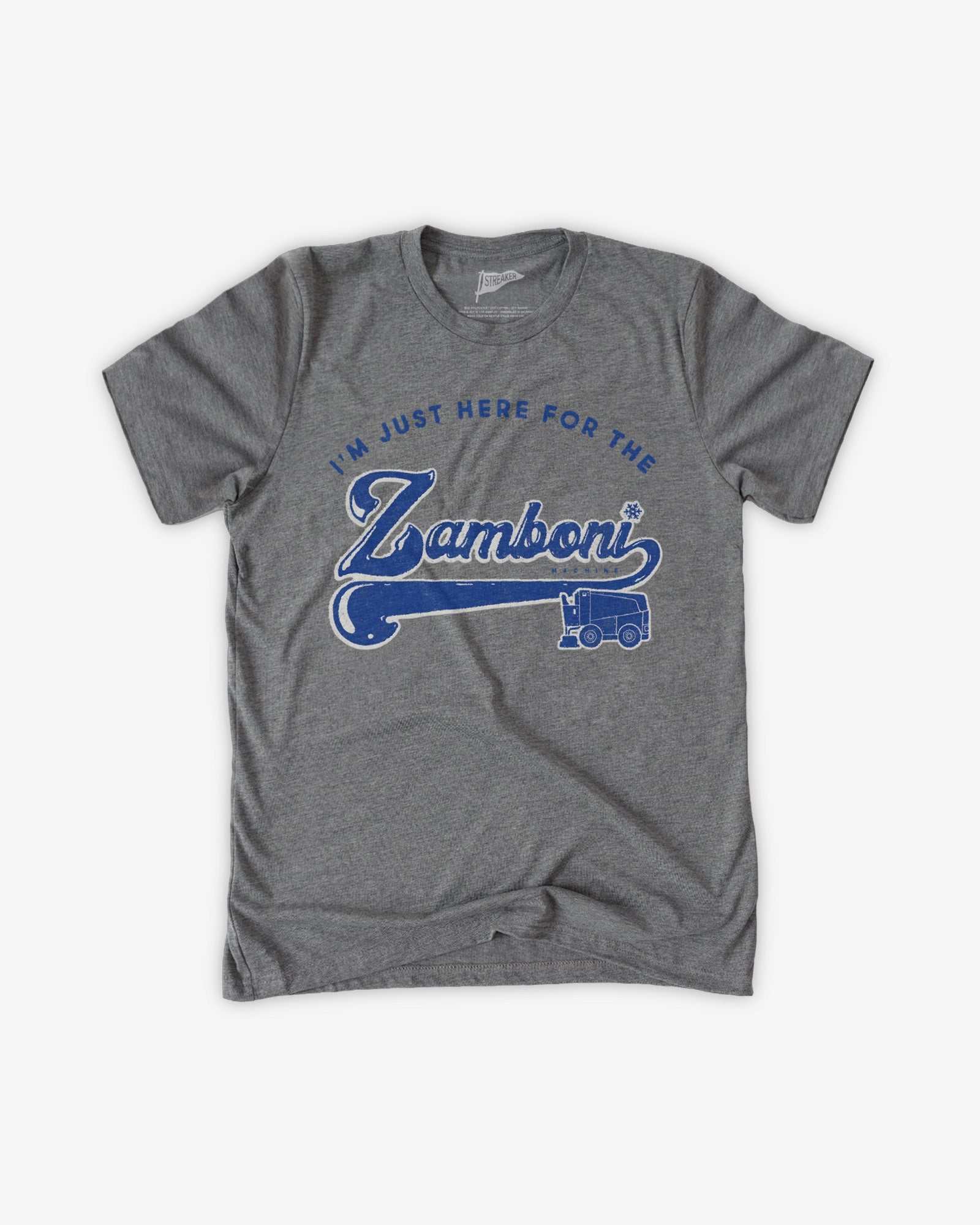 Youth grey heather tee featuring vintage distressed Zamboni company logo printed with eco-friendly ink