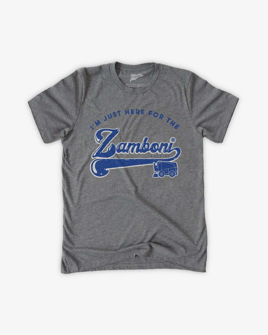 Youth grey heather tee featuring vintage distressed Zamboni company logo printed with eco-friendly ink