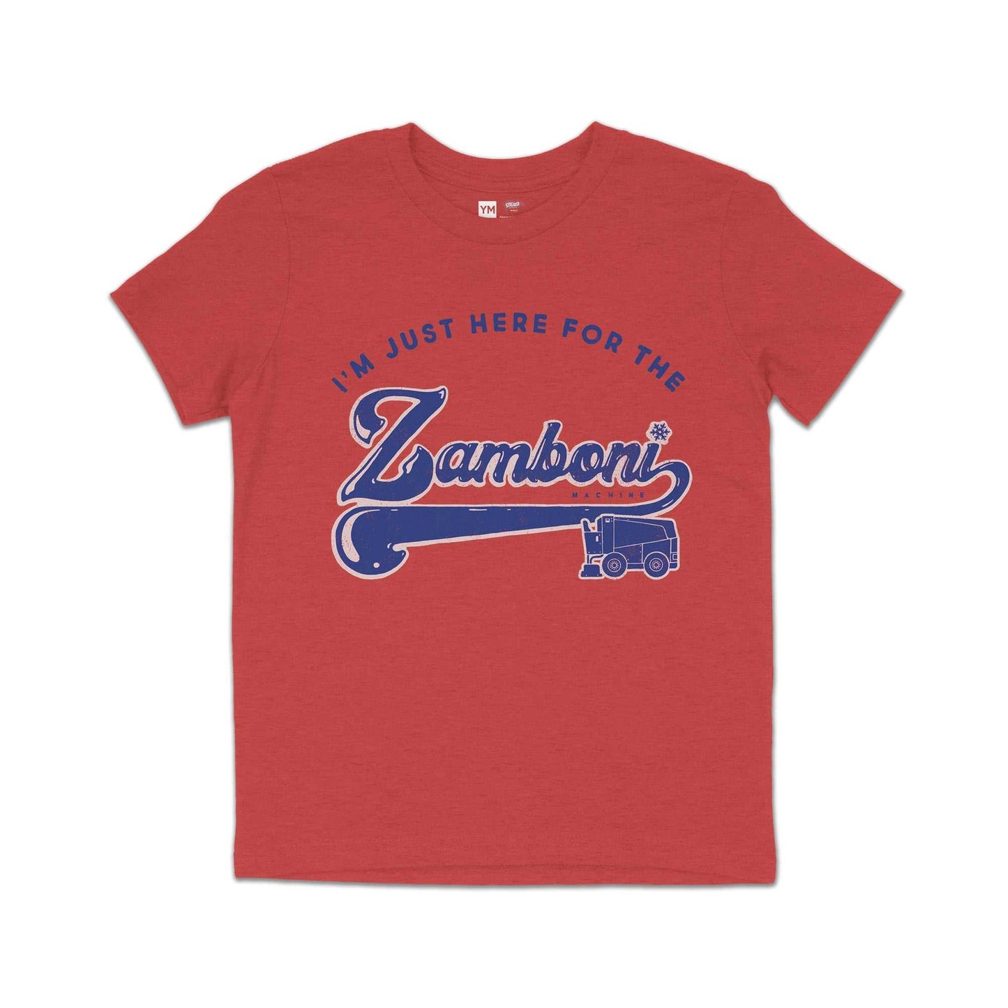 Red youth tee featuring Zamboni company logo, soft cotton-poly blend, eco-friendly and officially licensed design