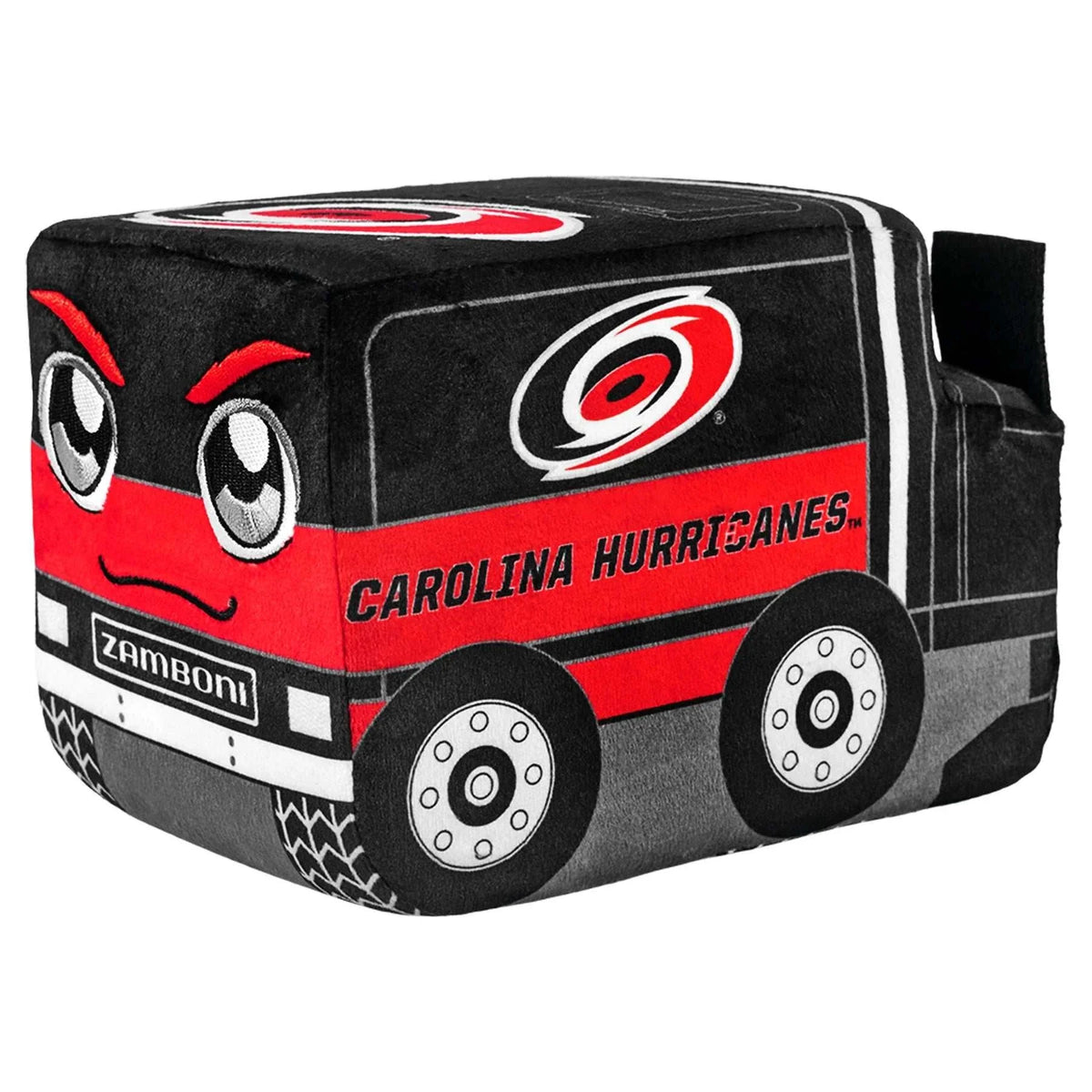 Plush Zamboni toy in black, red and gray fabric with Carolina Hurricanes graphics, cartoon eyes and detailed wheels; Adult Zamboni Ride-Along Costume is distinct.
