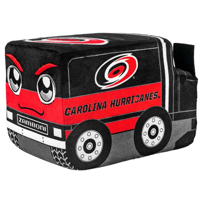 Plush Zamboni toy in black, red and gray fabric with Carolina Hurricanes graphics, cartoon eyes and detailed wheels; Adult Zamboni Ride-Along Costume is distinct.