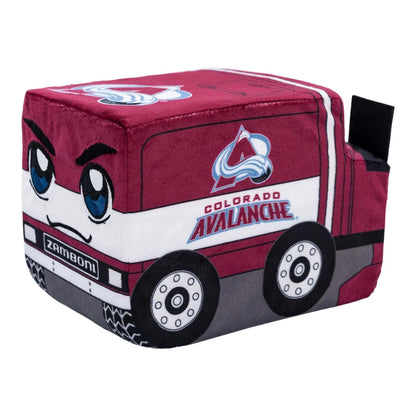 Plush Zamboni in burgundy, white and gray with Colorado Avalanche graphics, cartoon eyes and embroidered wheels; Adult Zamboni Ride-Along Costume
