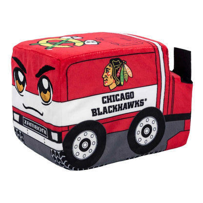 Plush Zamboni ride-along costume in red fabric, featuring Chicago Blackhawks graphics, cartoon eyes and detailed wheels. Adult Zamboni Ride-Along Costume