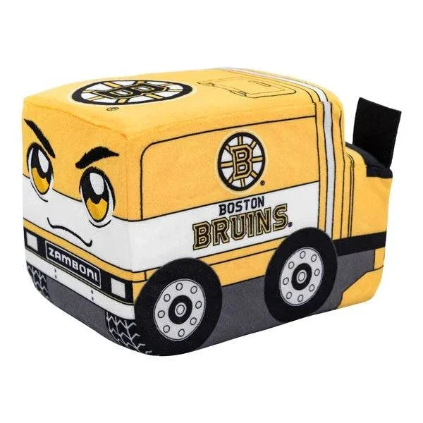 Plush Zamboni in yellow and black Boston Bruins fabric, with embroidered face, team logos, wheels, and Adult Zamboni Ride-Along Costume style.