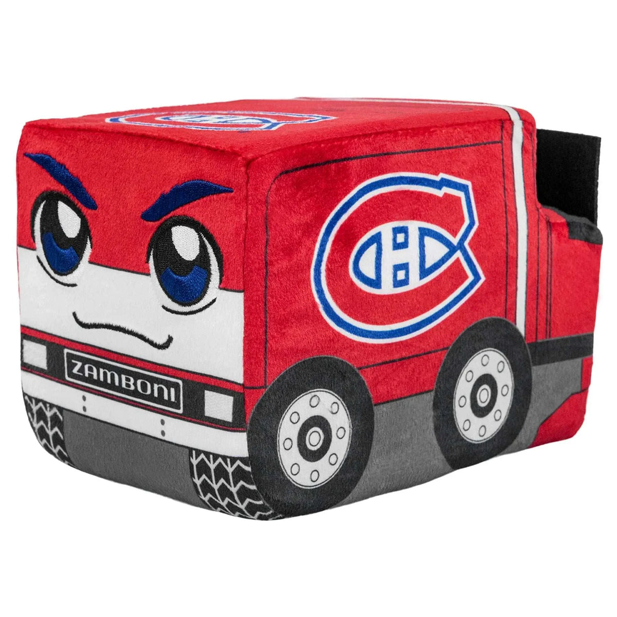 Zamboni plush in red fabric with Montreal Canadiens logos, cartoon eyes, embroidered details and grey wheels; Adult Zamboni Ride-Along Costume inspired.