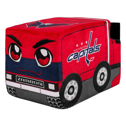 Plush Zamboni in red, navy, and gray fabric, featuring Washington Capitals logos, cartoon eyes, and embroidered wheels; Adult Zamboni Ride-Along Costume is not shown.