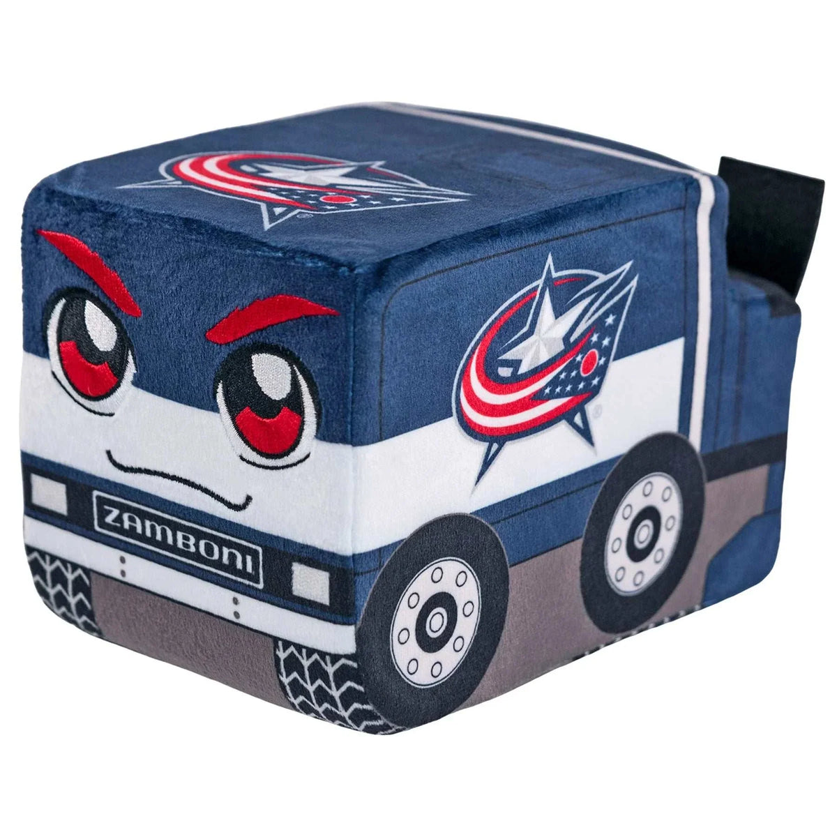 Zamboni plush in navy blue and white fabric with red Columbus Blue Jackets logos, cartoon eyes and detailed wheels; Adult Zamboni Ride-Along Costume.