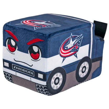 Zamboni plush in navy blue and white fabric with red Columbus Blue Jackets logos, cartoon eyes and detailed wheels; Adult Zamboni Ride-Along Costume.