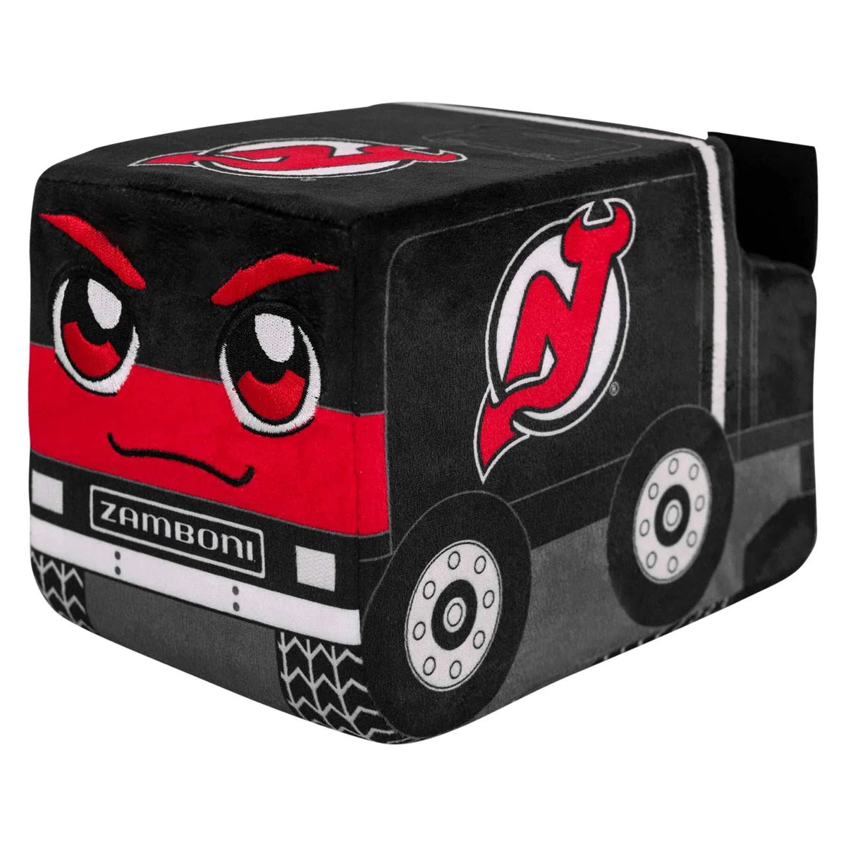 Plush Zamboni in black, red and gray fabric with New Jersey Devils logos, cartoon face and wheel details; Adult Zamboni Ride-Along Costume.
