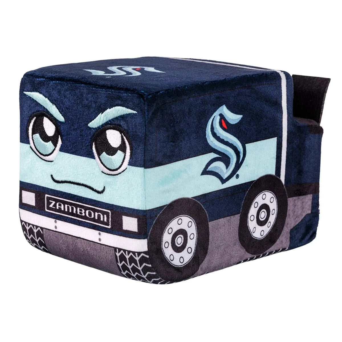 Plush Zamboni toy in navy and pale blue fabric, with a Seattle Kraken logo, cartoon face, wheels, and tire details; Adult Zamboni Ride-Along Costume.