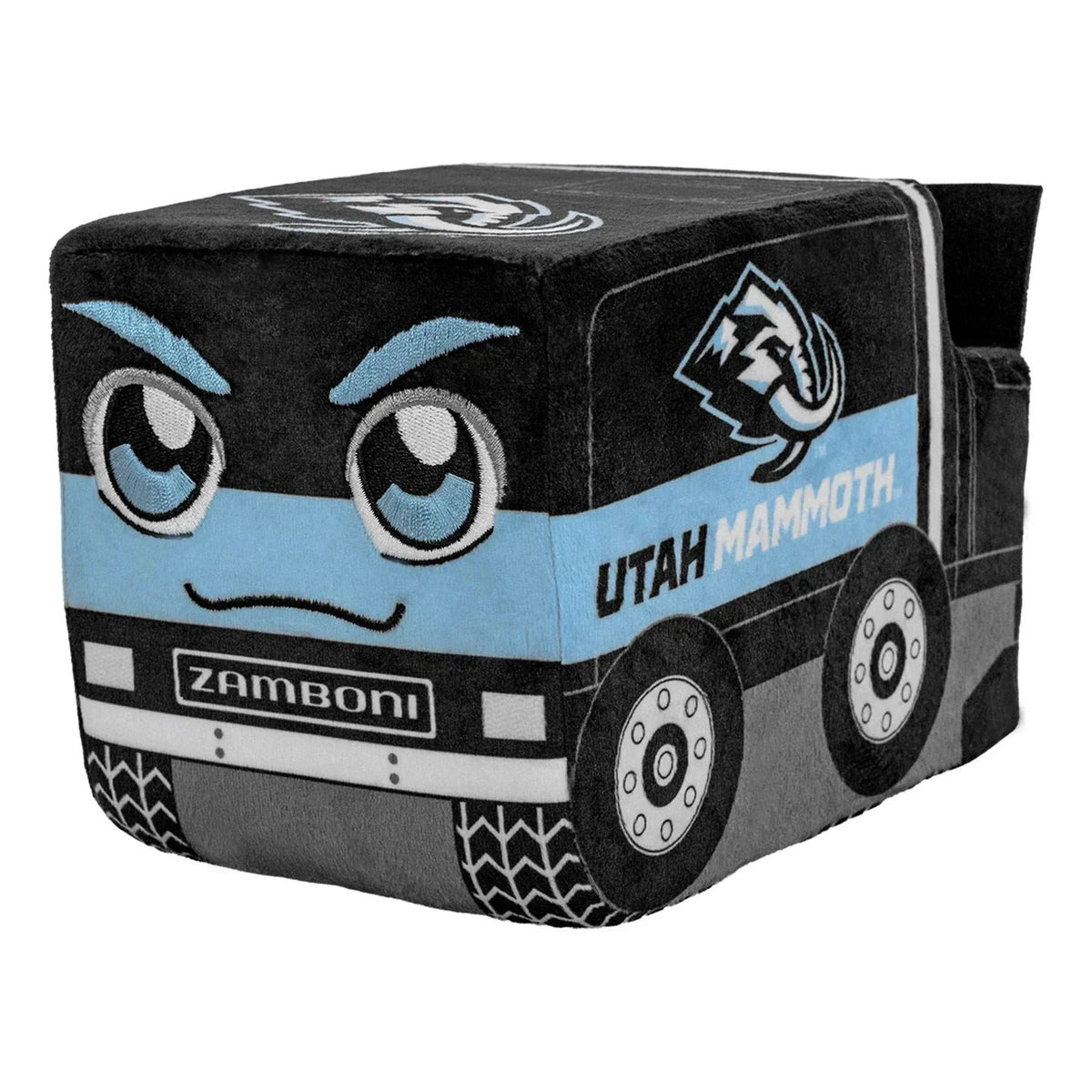 Zamboni plush in black, gray, and light blue fabric, with Utah Mammoth graphics and cartoon eyes; Adult Zamboni Ride-Along Costume.