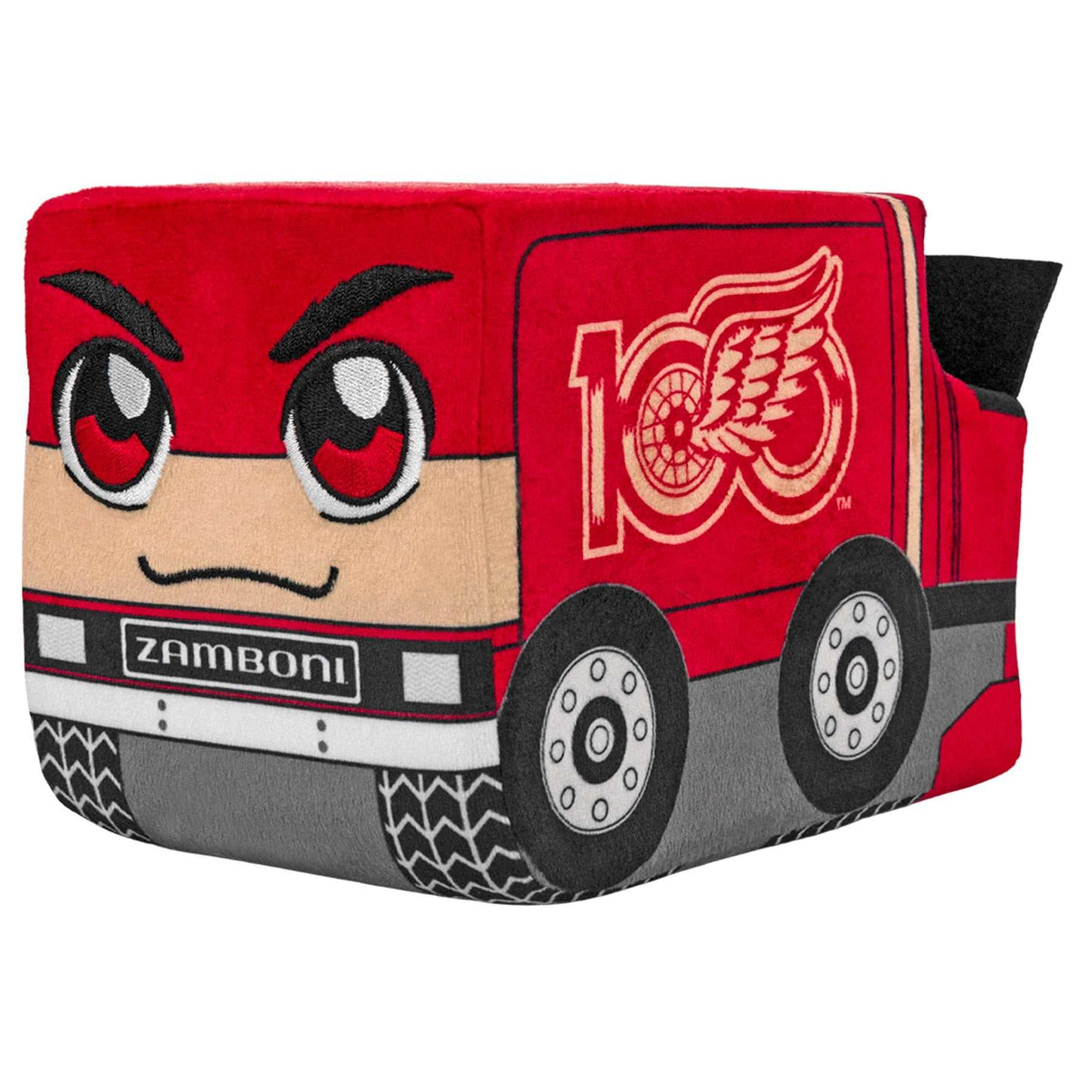 Plush Zamboni toy in red, beige and gray fabric, featuring embroidered Detroit Red Wings logo and cartoon eyes; Adult Zamboni Ride-Along Costume