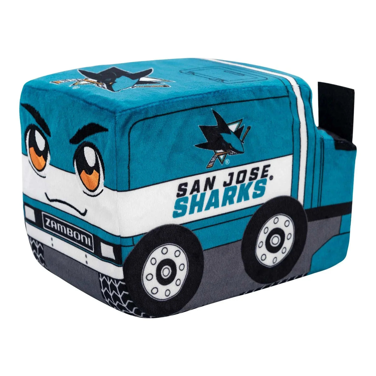 Plush Zamboni in teal, white, and charcoal San Jose Sharks fabric, with cartoon eyes, logos, and embroidered wheels; Adult Zamboni Ride-Along Costume fits the theme.