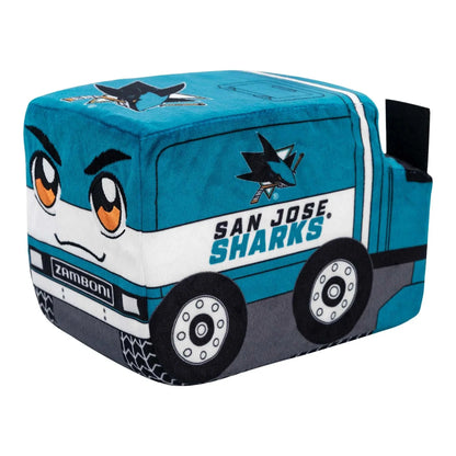 Plush Zamboni in teal, white, and charcoal San Jose Sharks fabric, with cartoon eyes, logos, and embroidered wheels; Adult Zamboni Ride-Along Costume fits the theme.