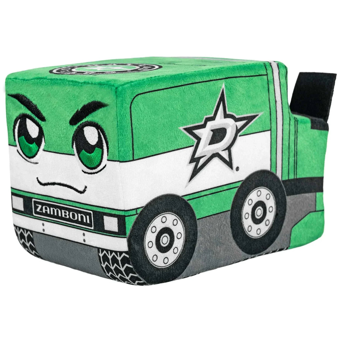 Plush Zamboni toy in green, white, and gray fabric, with cartoon eyes, wheels, and a star logo; Adult Zamboni Ride-Along Costume style.