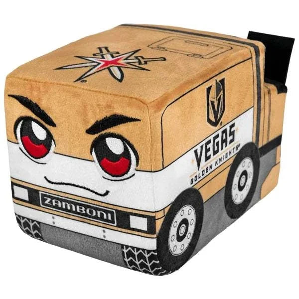 Plush Zamboni toy in tan, white, black, and gold fabric, with Vegas Golden Knights logos and cartoon eyes; Adult Zamboni Ride-Along Costume.