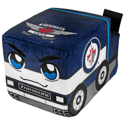 Zamboni plush in navy blue, white and gray fabric with Winnipeg Jets logos, cartoon eyes and wheel details; unlike an Adult Zamboni Ride-Along Costume.