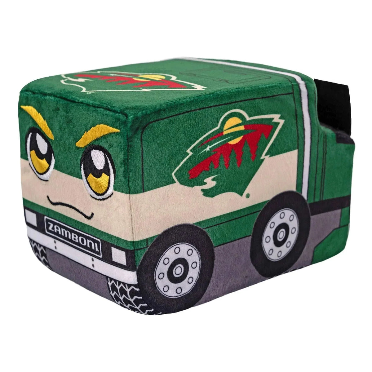 Zamboni plush in green and cream fabric with Minnesota Wild logos, cartoon eyes, wheels and a Zamboni label; Adult Zamboni Ride-Along Costume.