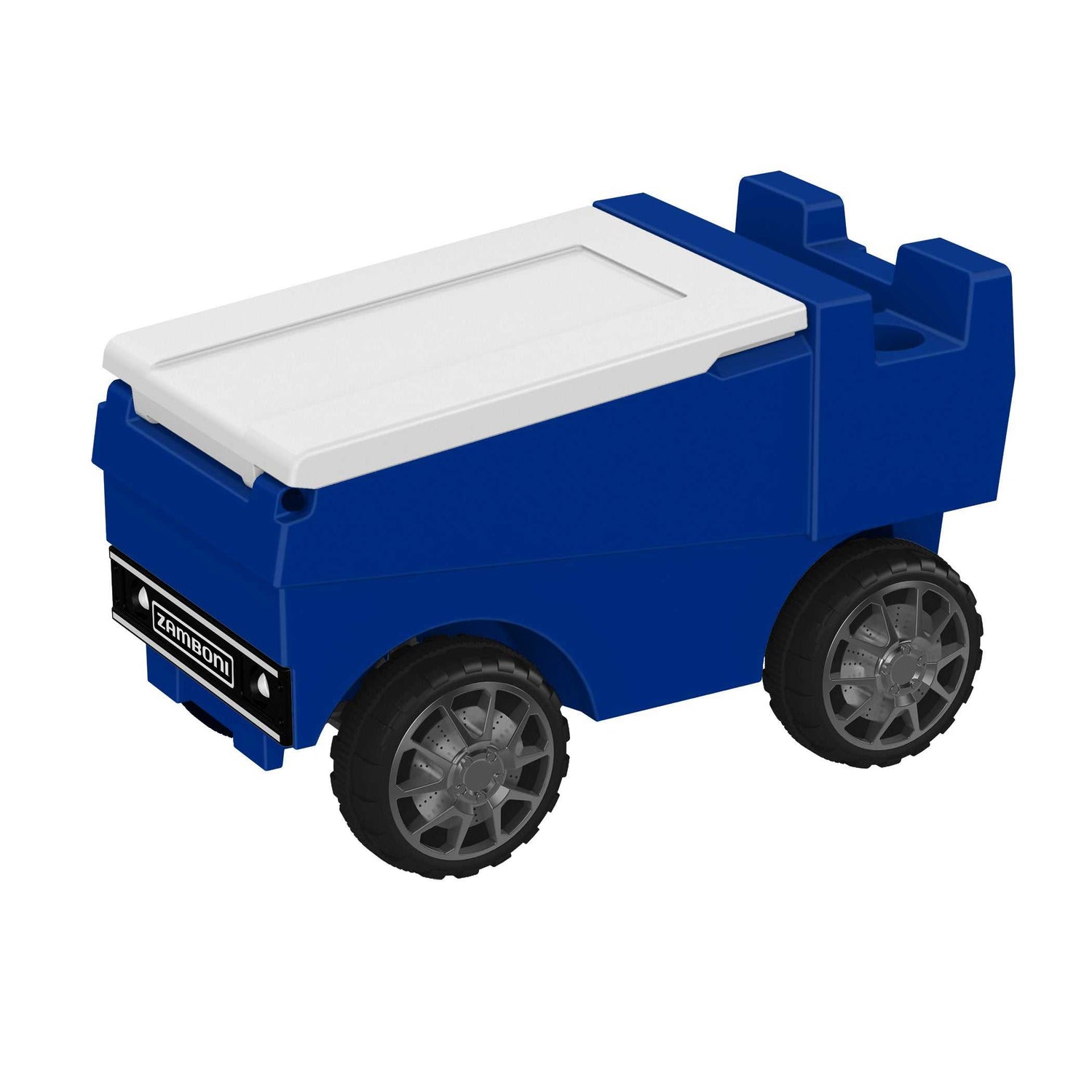 Remote-controlled Zamboni machine cooler with LED headlights, Bluetooth speakers, and USB charging port holding over 24 cans