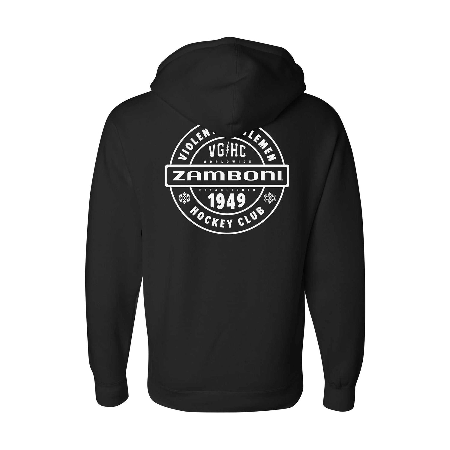 Black Zamboni 1949 Pullover Hoodie with VG/HC logo on back, heavyweight cotton blend, comfortable and warm for hockey fans