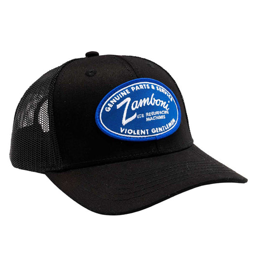 Genuine Oval Trucker hat with classic trucker body and Zamboni design, 60% cotton 40% polyester, low-mid profile, curved bill
