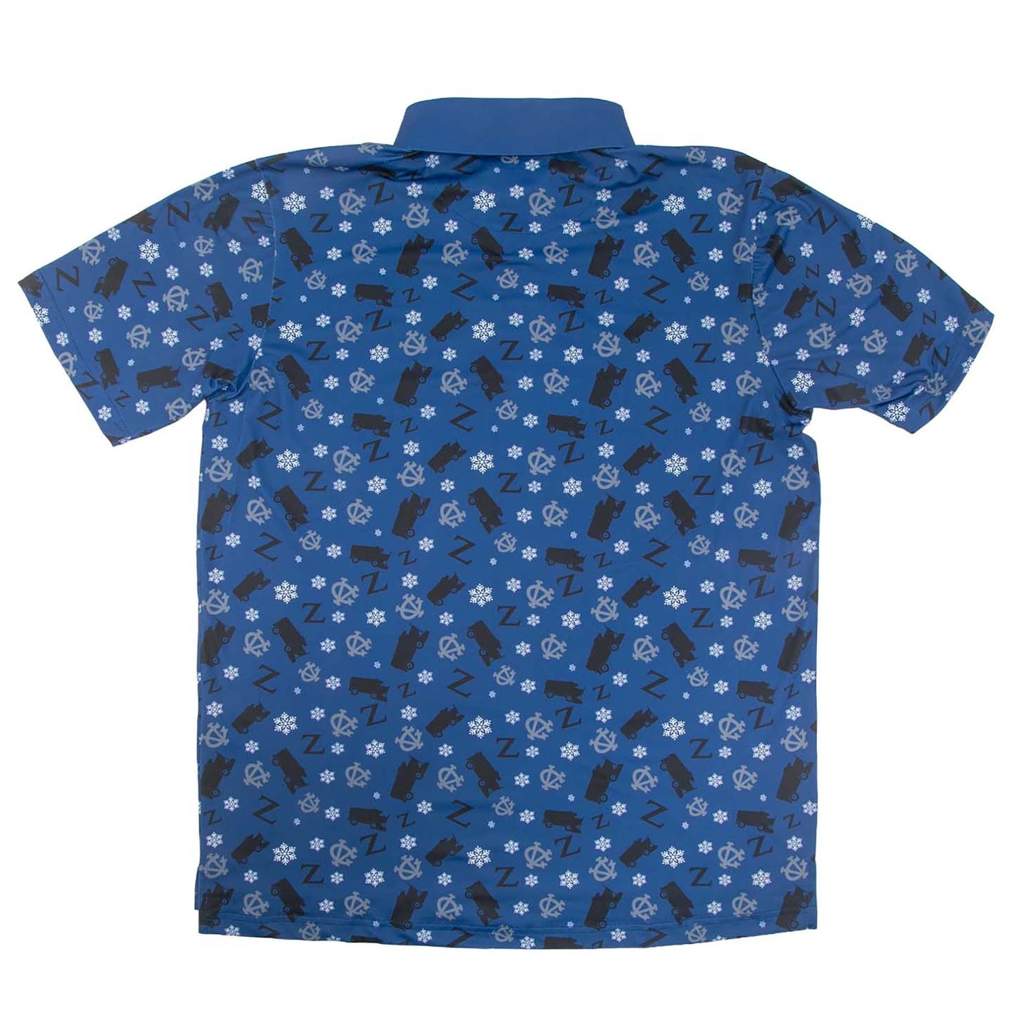 Zamboni Winger Flex Polo with all-over Zamboni print, standard fit, moisture-wicking fabric, and embossed buttons