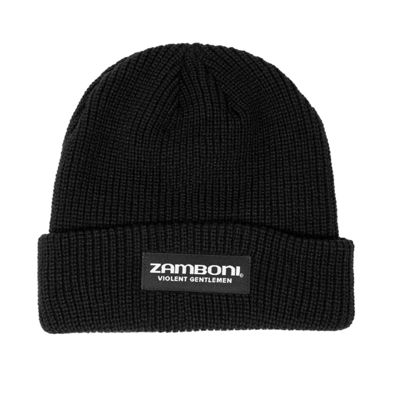 Black Zamboni cuff beanie with ribbed knit and folded cuff for warmth