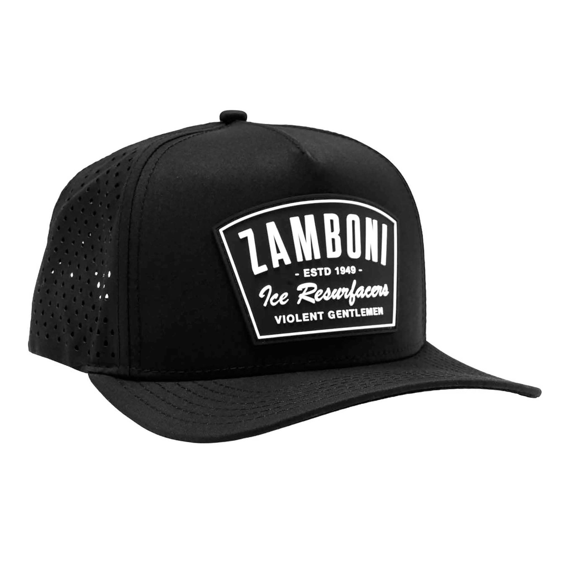 Zamboni Badge A-Frame Tech Snapback hat with water-resistant exterior and laser cut perforated panels