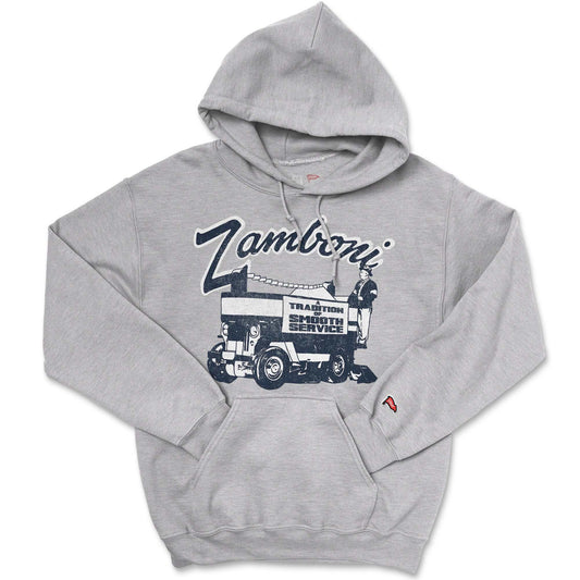 Zamboni Company hoodie with logo patch, fleece-lined and ribbed cuffs, symbolizing tradition of smooth service