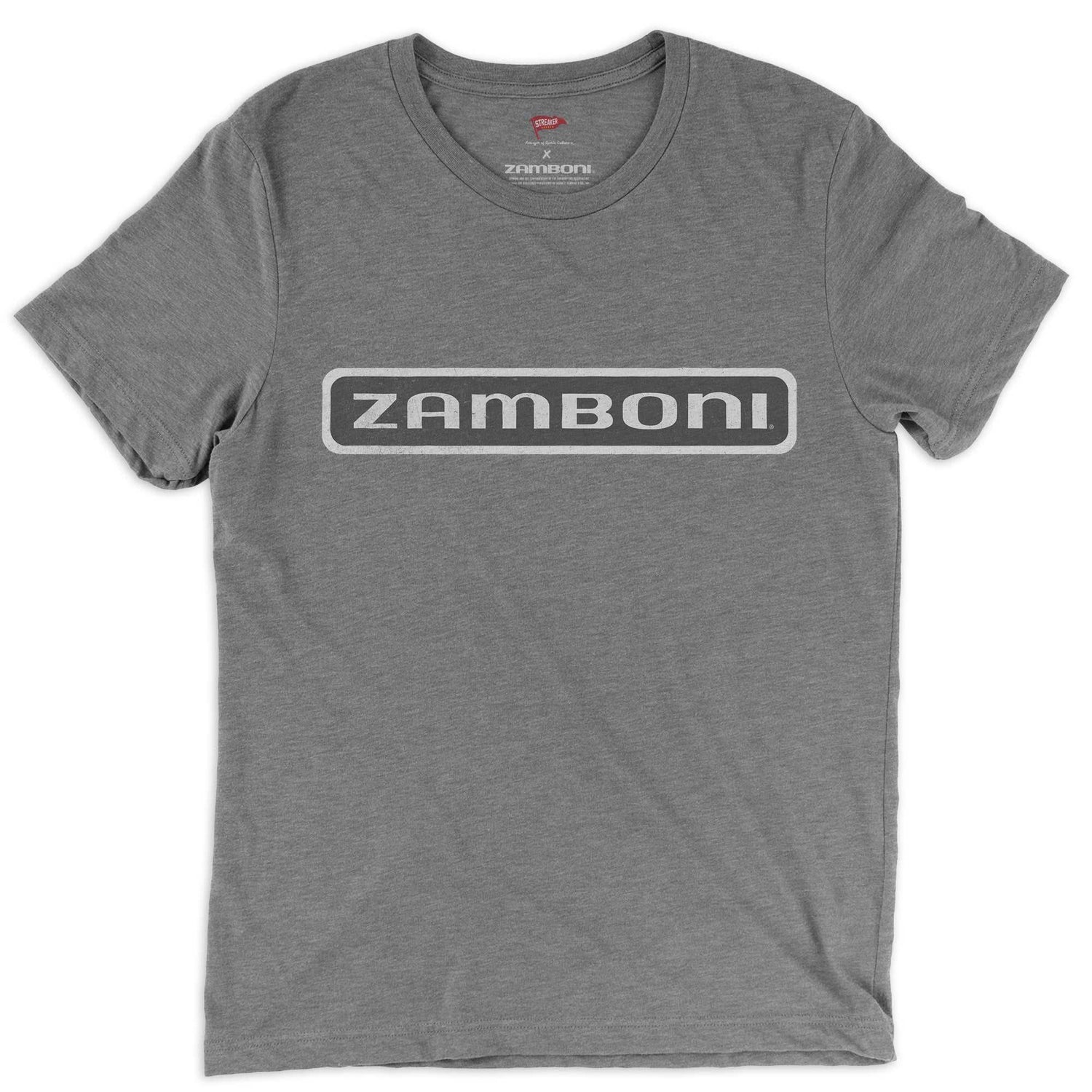 Zamboni Machine nameplate tee with vintage distressed graphic and soft cotton blend fabric