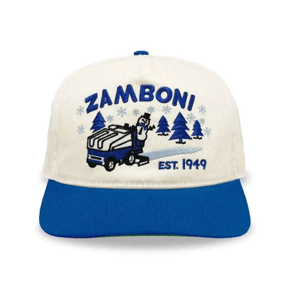 Snapback cap in cream cotton with a blue brim, featuring embroidered Zamboni artwork; Adult Zamboni Ride-Along Costume.