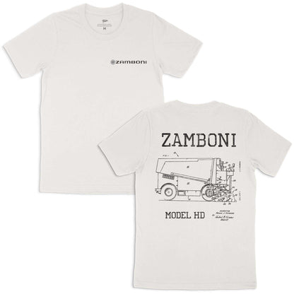 Vintage white Zamboni patent tee featuring 1964 Model HD machine drawing on sustainable cotton fabric
