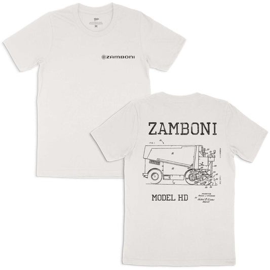 Vintage white Zamboni patent tee featuring 1964 Model HD machine drawing on sustainable cotton fabric