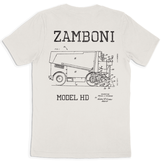 Vintage white Zamboni patent tee featuring Frank Zamboni's 1964 Model HD machine drawing on 100% cotton shirt