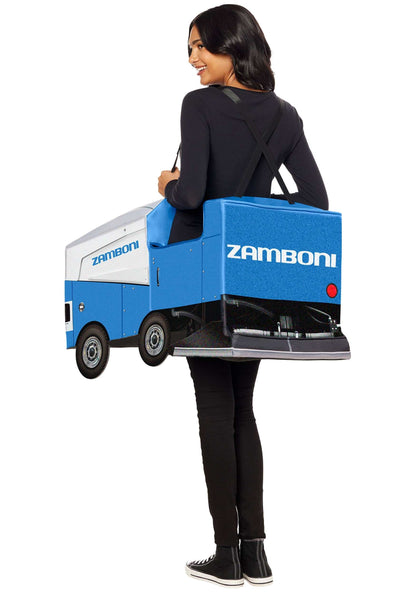 Adult Zamboni Ride-Along Costume with a blue and white vehicle design, black shoulder straps, wheels and Zamboni lettering.