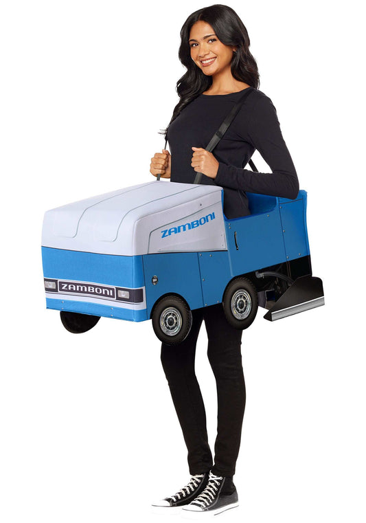 Adult Zamboni Ride-Along Costume, a blue and white fabric ice resurfacer with black straps, wheels and silver blade details