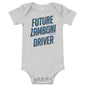 Baby onesie with Zamboni Future Driver print, 100% cotton, three-snap closure, envelope neckline